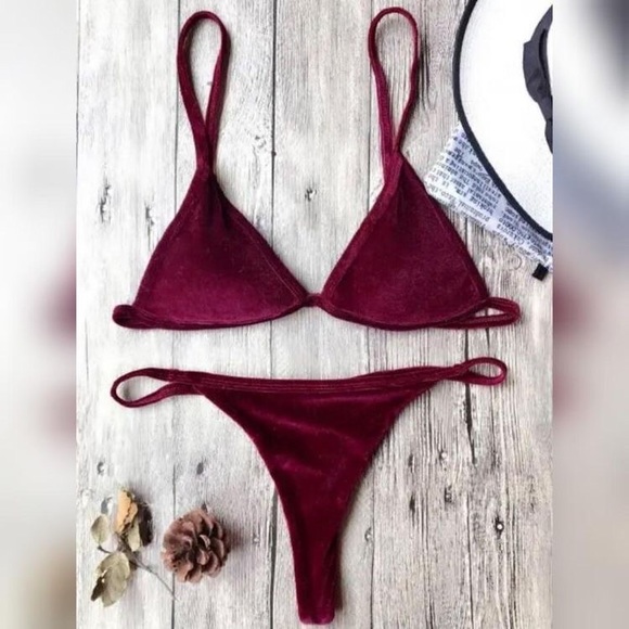 Cami Velvet String Thong Bikini Set - Burgundy - Picture 1 of 10